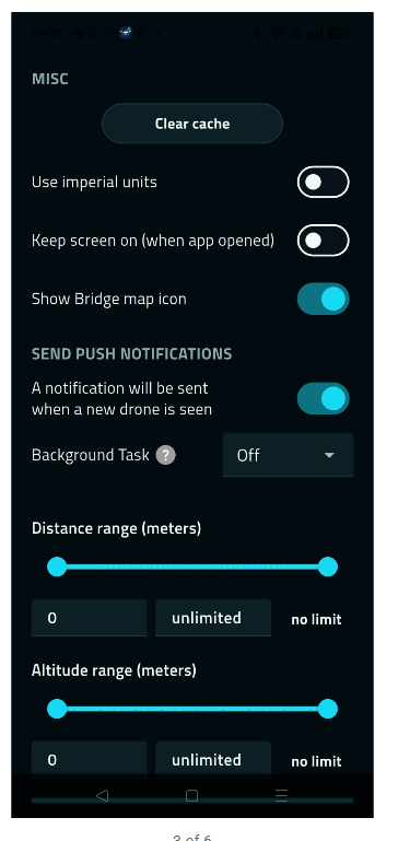 Preferences misc section with units, keep screen on, notifications, background task and range sliders