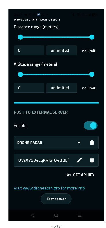 Preferences push to external server section with enable switch, DRONE RADAR profile, API key field, GET API KEY and Test server buttons