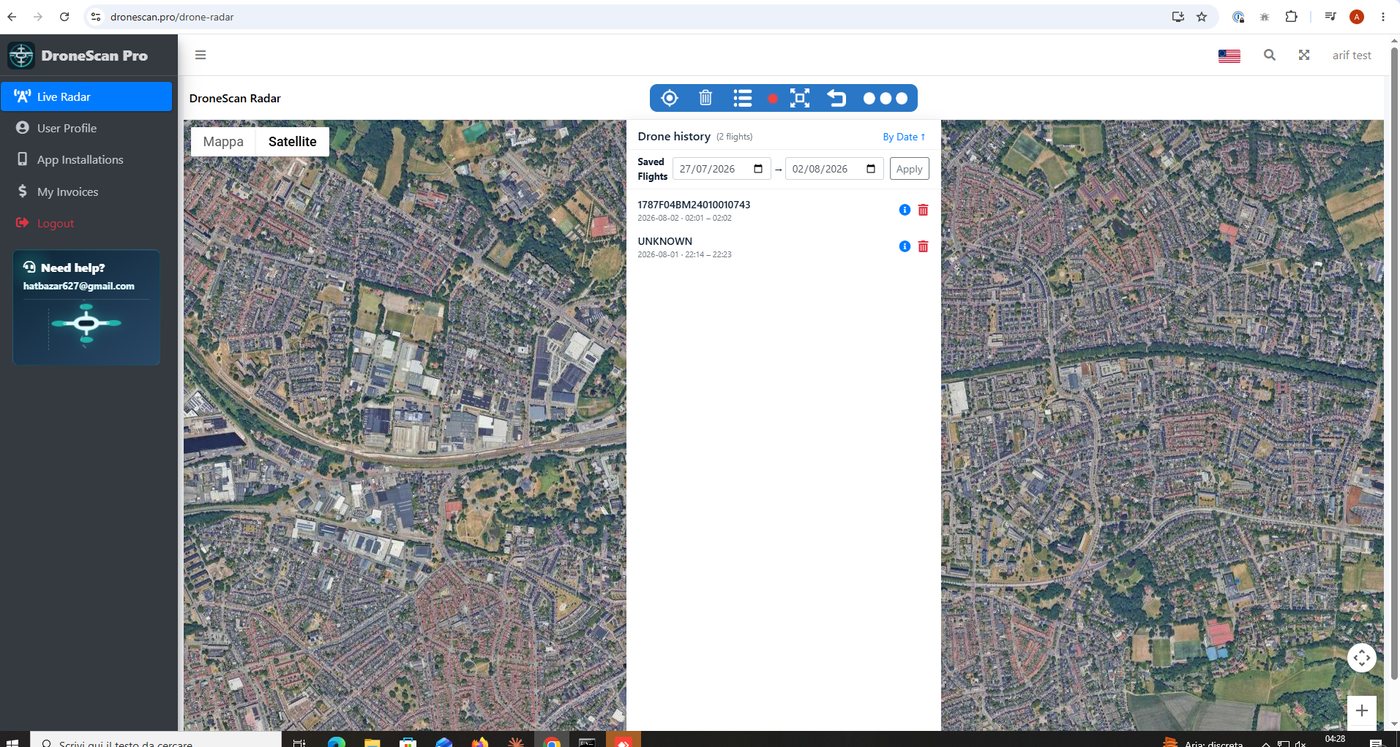 DroneScan Pro live radar page with satellite map and the drone history panel