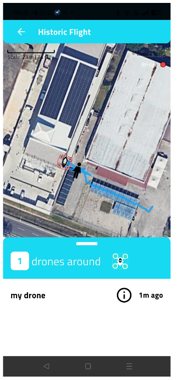 Historic Flight screen in the app showing a flown track over a satellite map