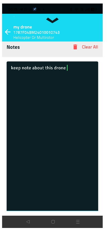 Notes screen with the drone name and serial in the header and a typed note